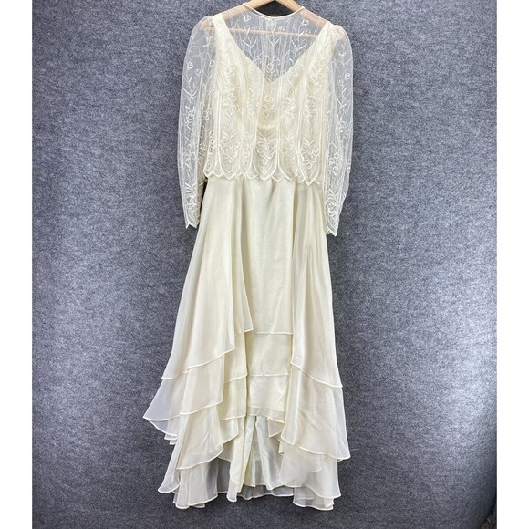 Vintage Dress Women 10 Beige Maxi Long Zipper Long Sleeve Ruffle Crew Neck - Picture 1 of 12